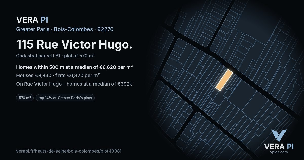 115 Rue Victor Hugo, Bois-Colombes at night – the plot lit, the parcels around coloured by the prices near them