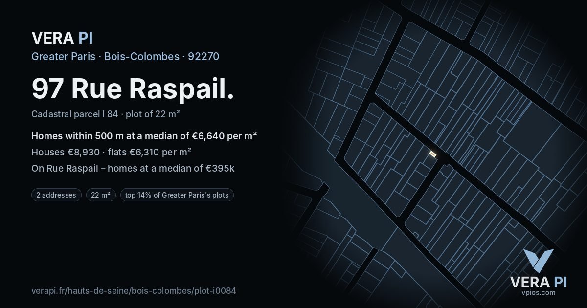 97 Rue Raspail, Bois-Colombes at night – the plot lit, the parcels around coloured by the prices near them