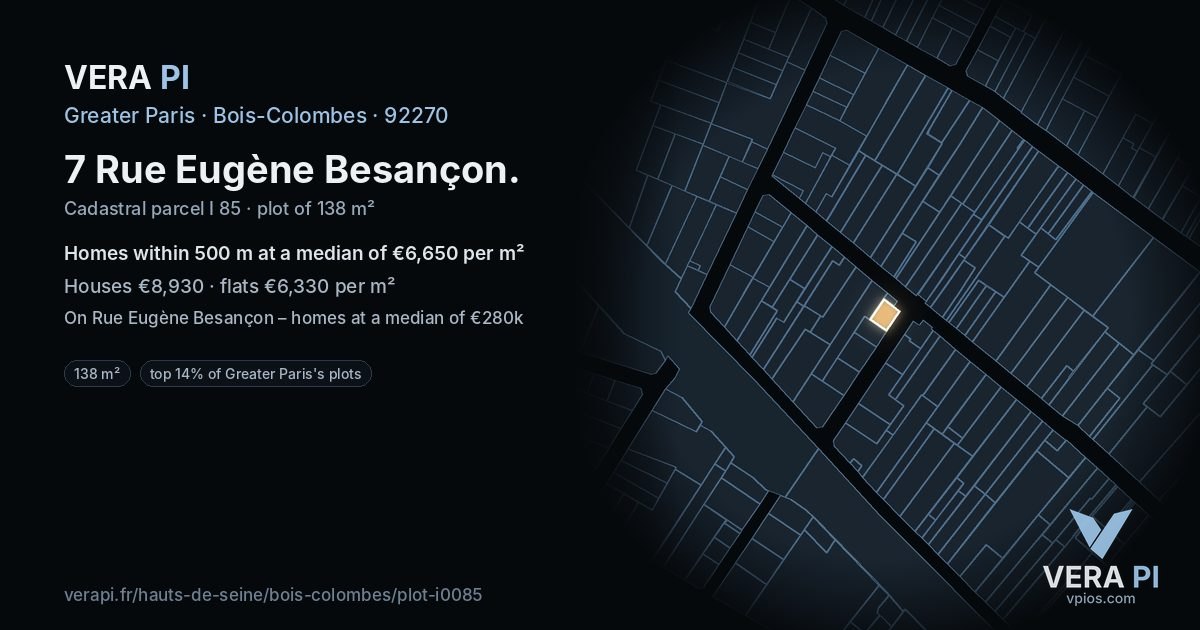 7 Rue Eugène Besançon, Bois-Colombes at night – the plot lit, the parcels around coloured by the prices near them