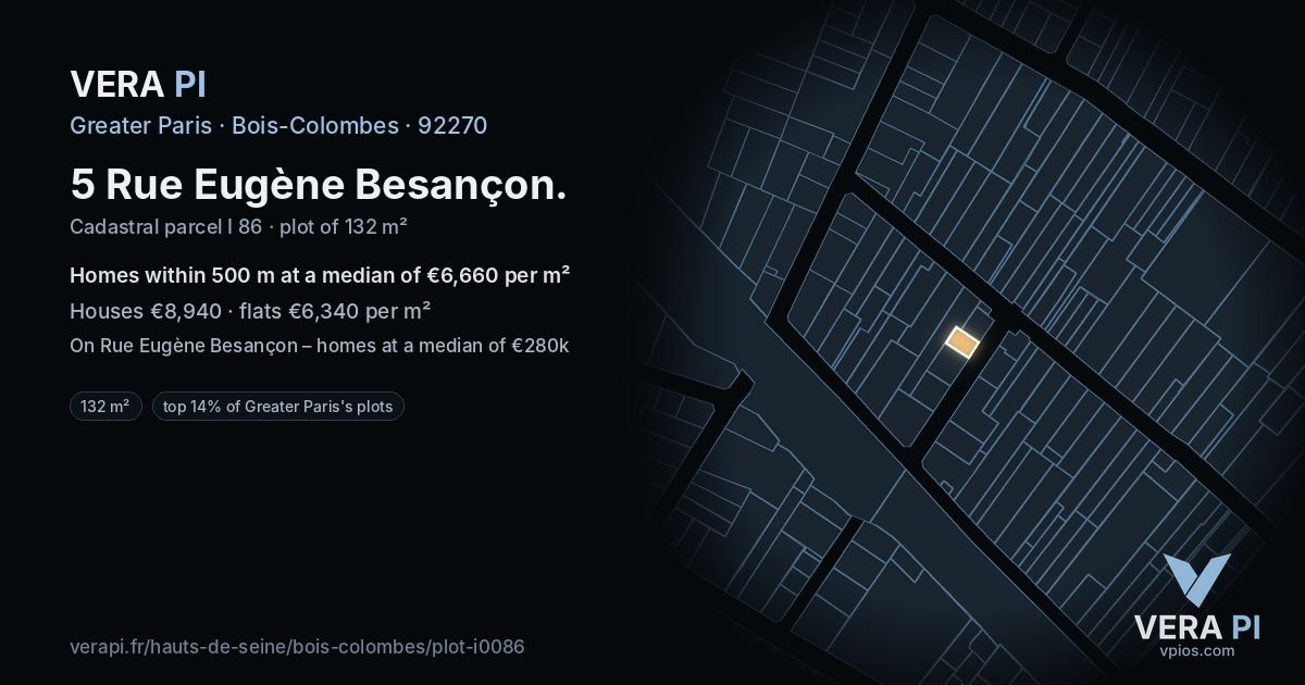 5 Rue Eugène Besançon, Bois-Colombes at night – the plot lit, the parcels around coloured by the prices near them