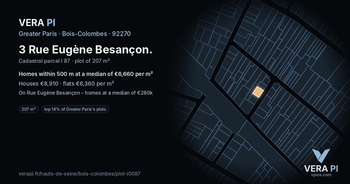 3 Rue Eugène Besançon, Bois-Colombes at night – the plot lit, the parcels around coloured by the prices near them