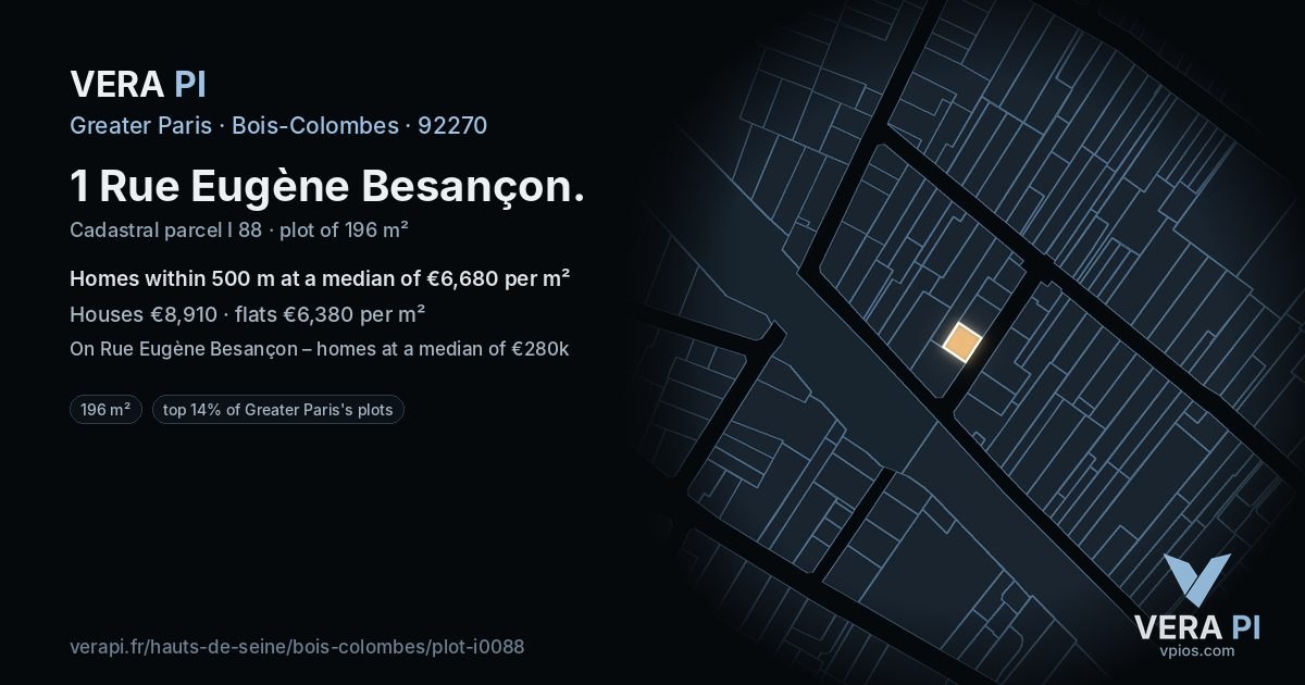 1 Rue Eugène Besançon, Bois-Colombes at night – the plot lit, the parcels around coloured by the prices near them