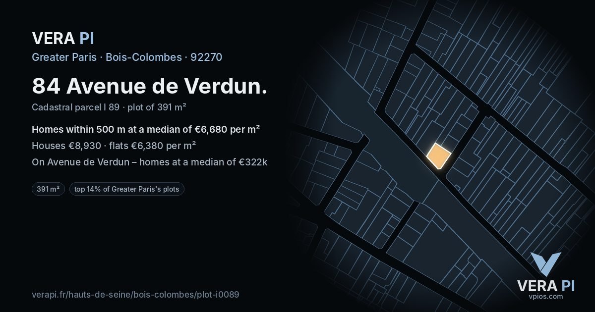 84 Avenue de Verdun, Bois-Colombes at night – the plot lit, the parcels around coloured by the prices near them