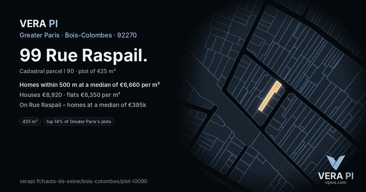 99 Rue Raspail, Bois-Colombes at night – the plot lit, the parcels around coloured by the prices near them