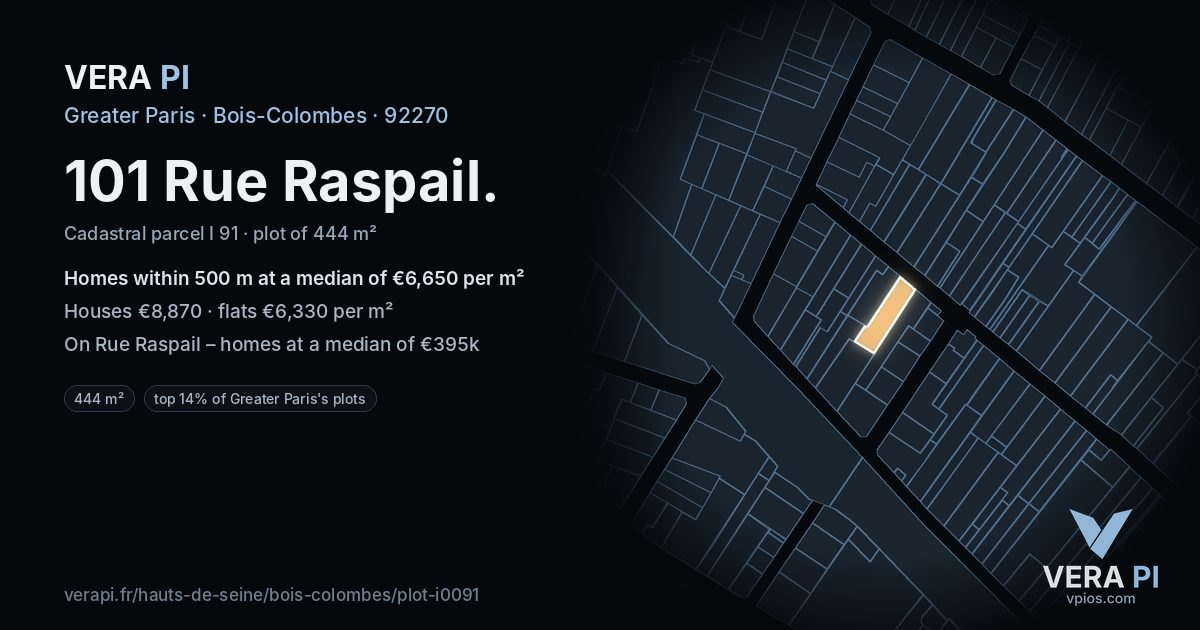 101 Rue Raspail, Bois-Colombes at night – the plot lit, the parcels around coloured by the prices near them