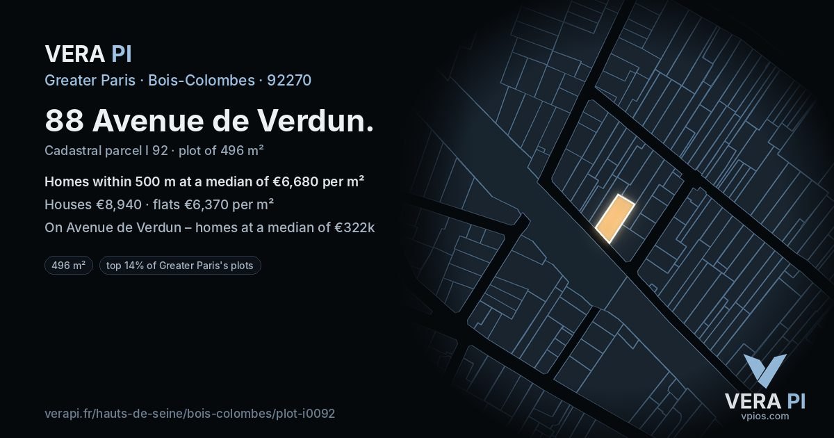 88 Avenue de Verdun, Bois-Colombes at night – the plot lit, the parcels around coloured by the prices near them