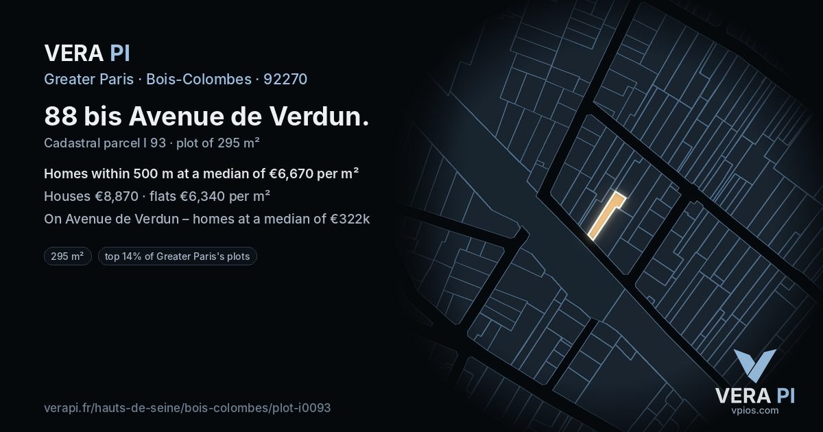 88 bis Avenue de Verdun, Bois-Colombes at night – the plot lit, the parcels around coloured by the prices near them