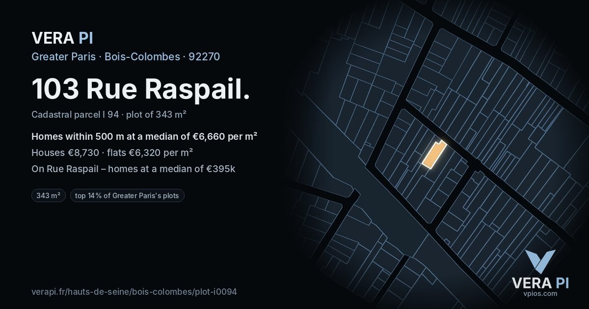 103 Rue Raspail, Bois-Colombes at night – the plot lit, the parcels around coloured by the prices near them
