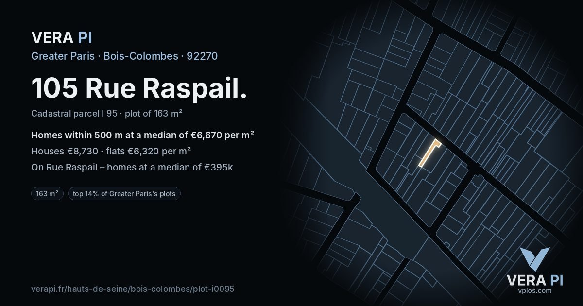105 Rue Raspail, Bois-Colombes at night – the plot lit, the parcels around coloured by the prices near them