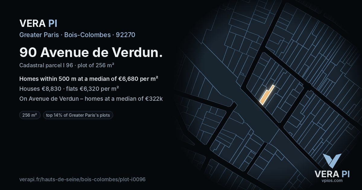 90 Avenue de Verdun, Bois-Colombes at night – the plot lit, the parcels around coloured by the prices near them