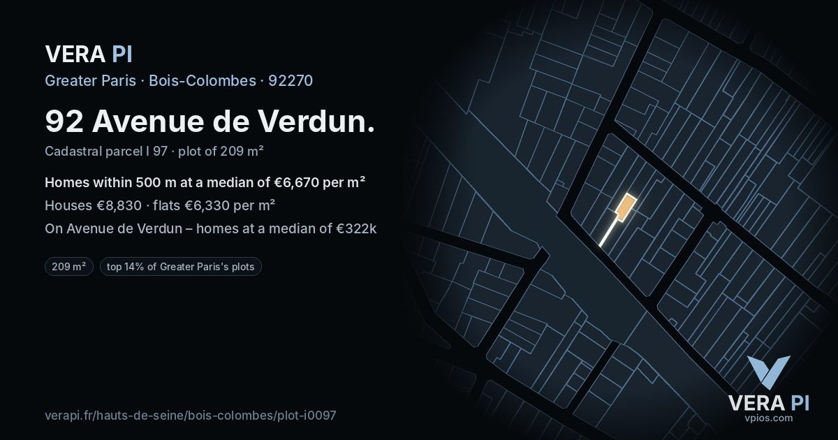 92 Avenue de Verdun, Bois-Colombes at night – the plot lit, the parcels around coloured by the prices near them