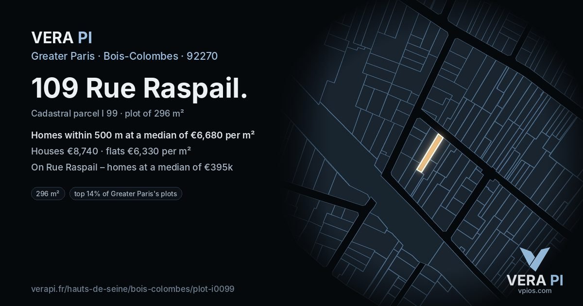 109 Rue Raspail, Bois-Colombes at night – the plot lit, the parcels around coloured by the prices near them