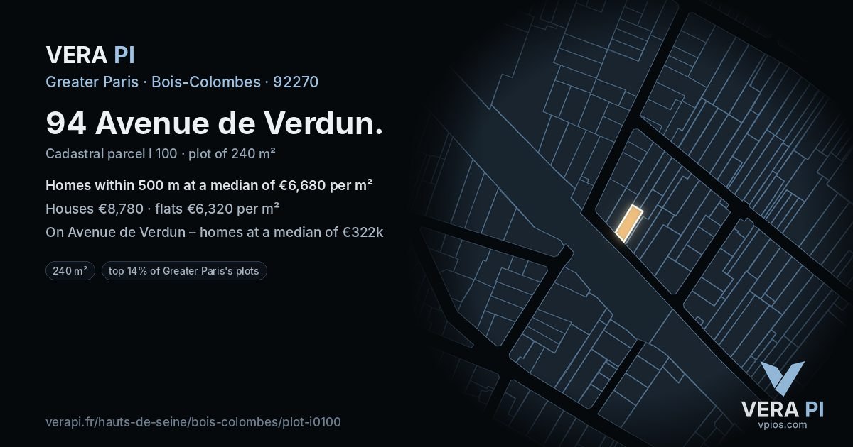 94 Avenue de Verdun, Bois-Colombes at night – the plot lit, the parcels around coloured by the prices near them