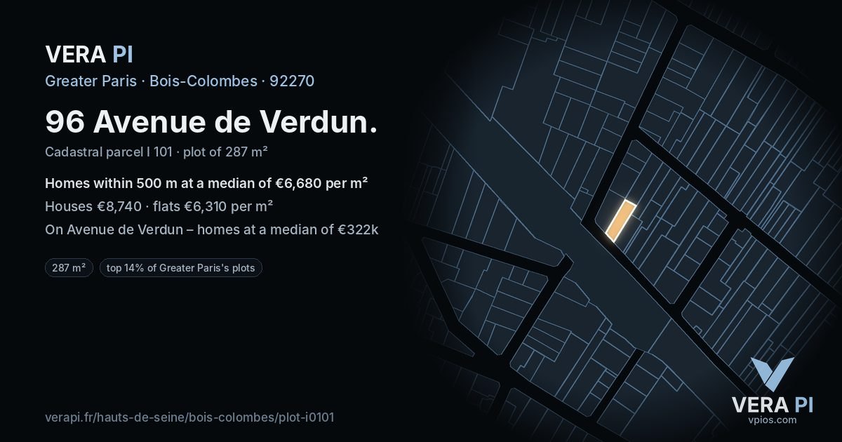 96 Avenue de Verdun, Bois-Colombes at night – the plot lit, the parcels around coloured by the prices near them