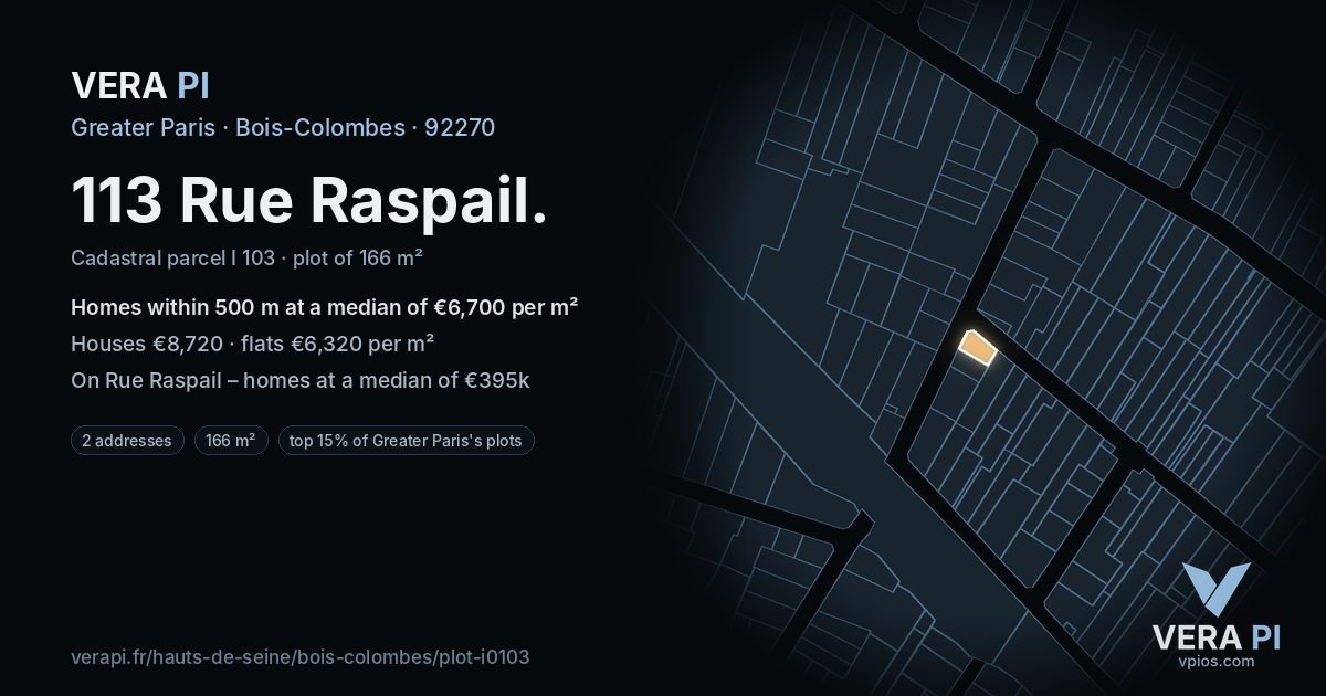 113 Rue Raspail, Bois-Colombes at night – the plot lit, the parcels around coloured by the prices near them