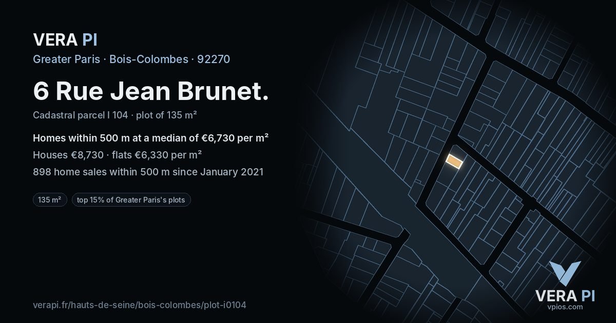 6 Rue Jean Brunet, Bois-Colombes at night – the plot lit, the parcels around coloured by the prices near them
