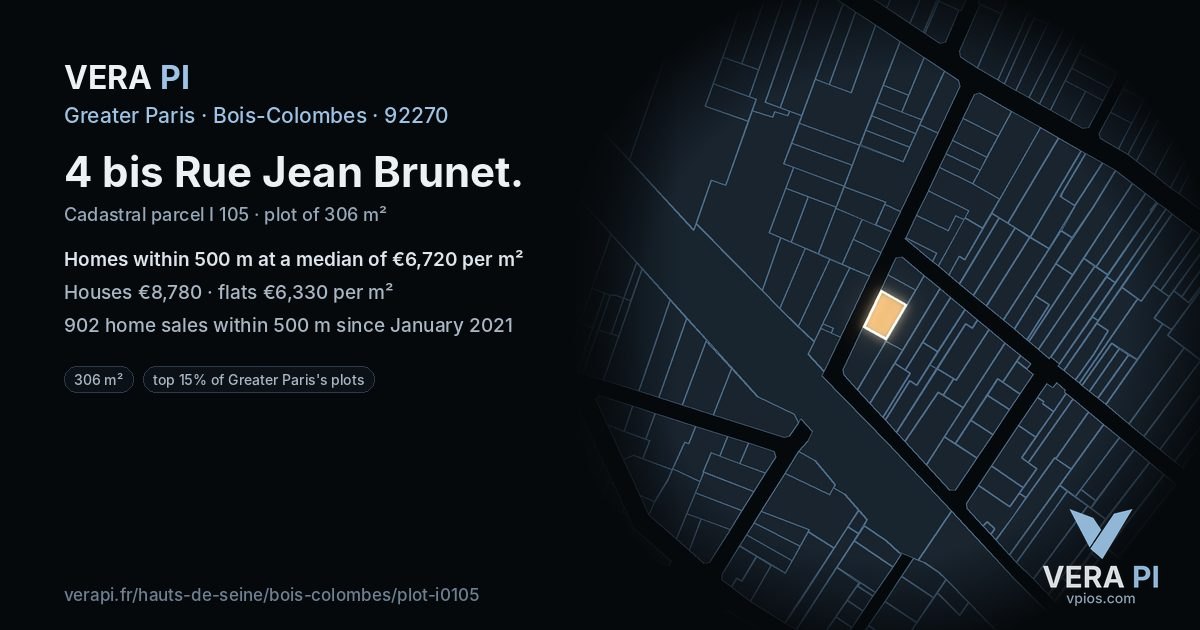 4 bis Rue Jean Brunet, Bois-Colombes at night – the plot lit, the parcels around coloured by the prices near them