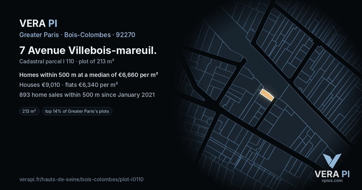 7 Avenue Villebois-mareuil, Bois-Colombes at night – the plot lit, the parcels around coloured by the prices near them
