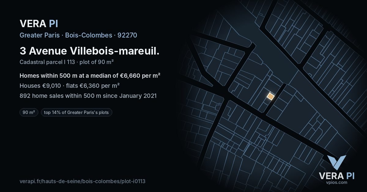 3 Avenue Villebois-mareuil, Bois-Colombes at night – the plot lit, the parcels around coloured by the prices near them