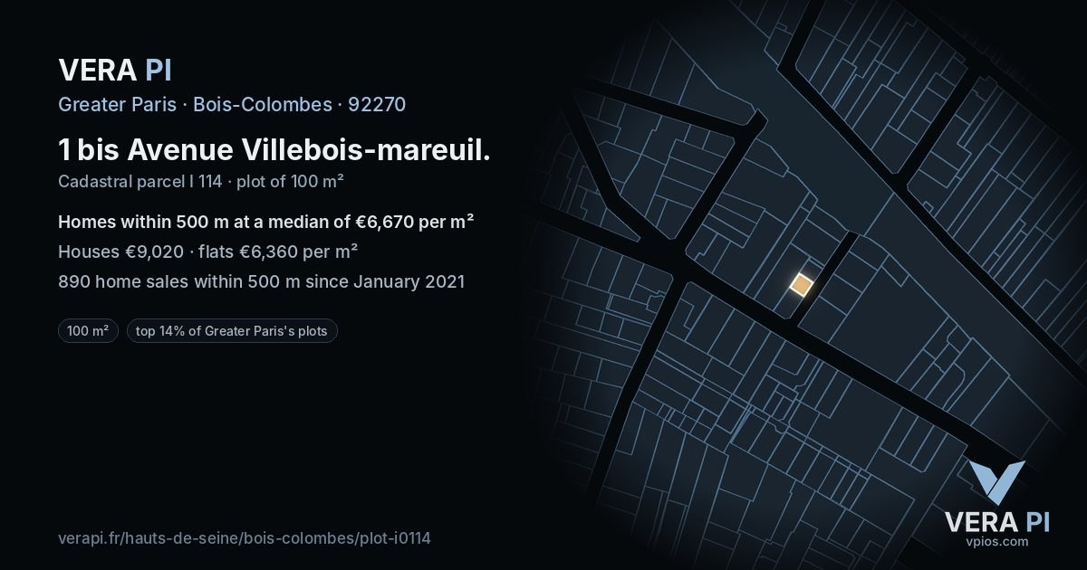 1 bis Avenue Villebois-mareuil, Bois-Colombes at night – the plot lit, the parcels around coloured by the prices near them
