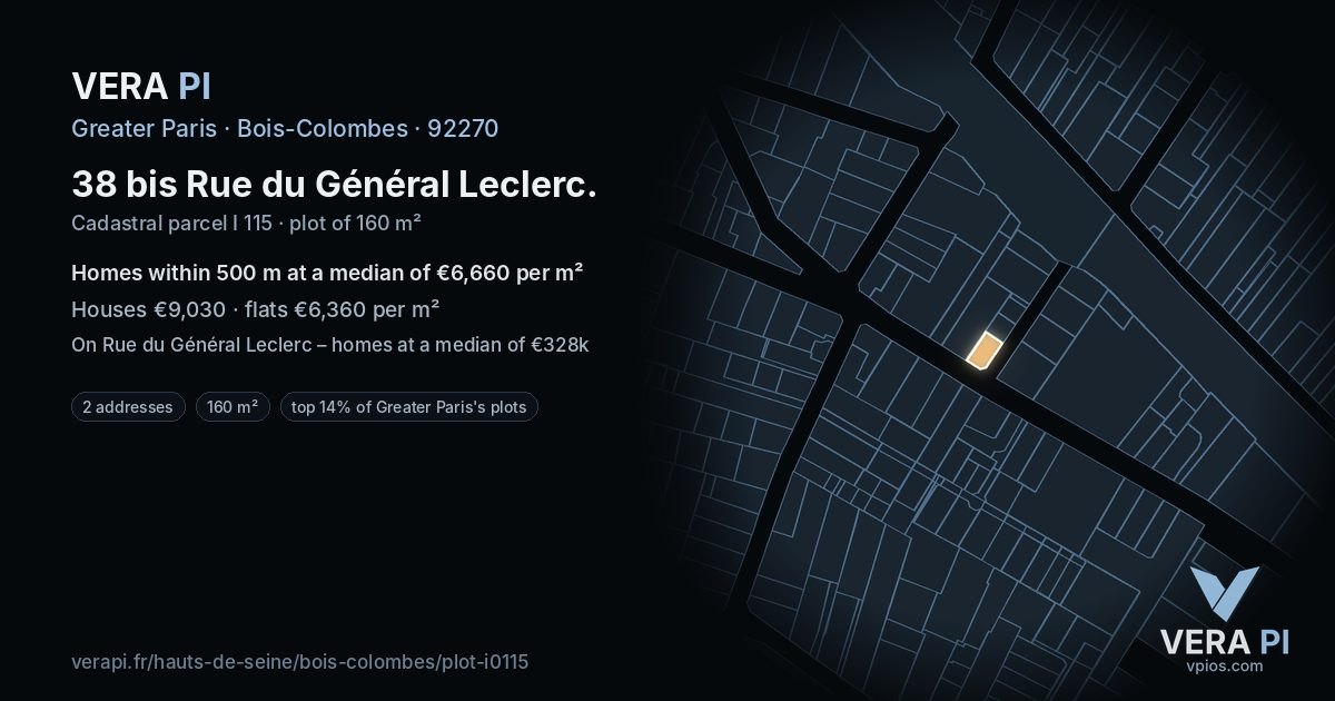 38 bis Rue du Général Leclerc, Bois-Colombes at night – the plot lit, the parcels around coloured by the prices near them