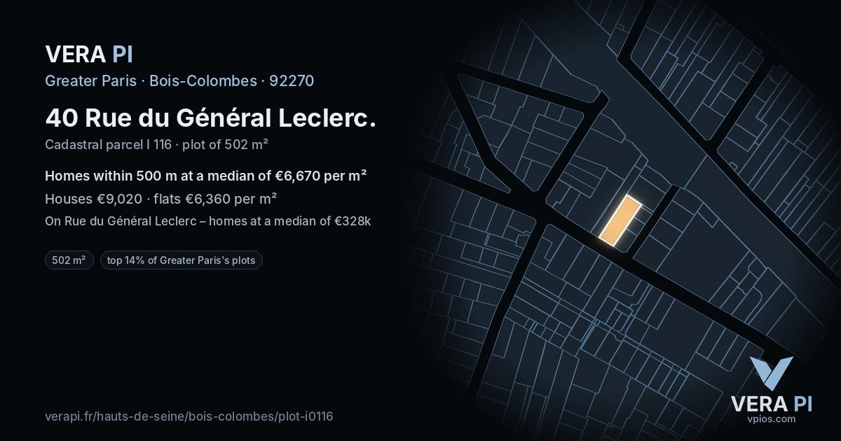 40 Rue du Général Leclerc, Bois-Colombes at night – the plot lit, the parcels around coloured by the prices near them