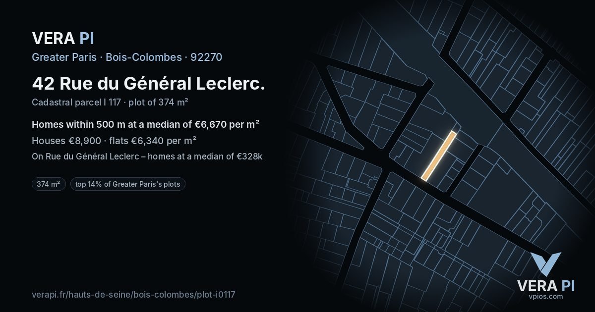 42 Rue du Général Leclerc, Bois-Colombes at night – the plot lit, the parcels around coloured by the prices near them