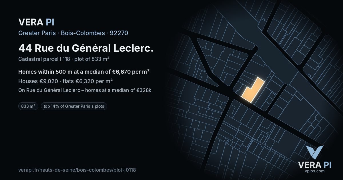 44 Rue du Général Leclerc, Bois-Colombes at night – the plot lit, the parcels around coloured by the prices near them