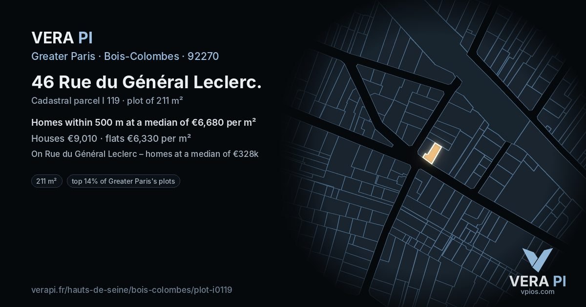 46 Rue du Général Leclerc, Bois-Colombes at night – the plot lit, the parcels around coloured by the prices near them
