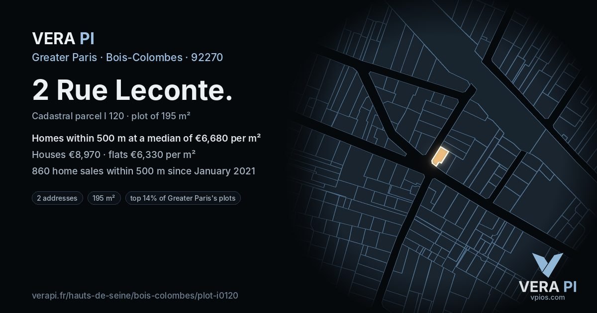 2 Rue Leconte, Bois-Colombes at night – the plot lit, the parcels around coloured by the prices near them