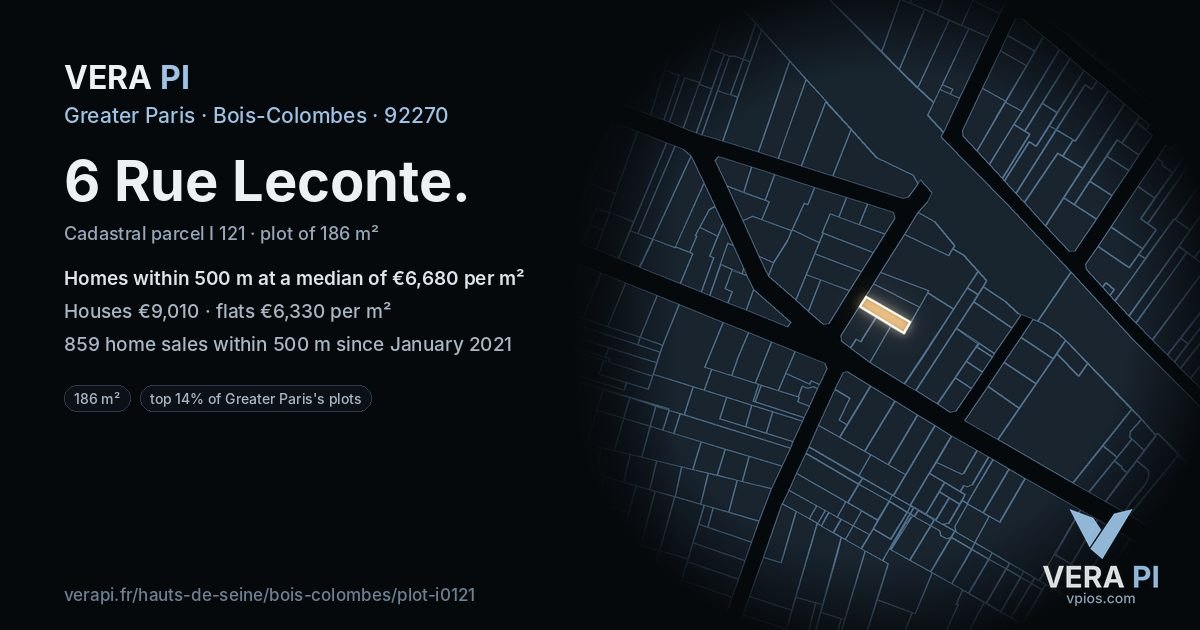 6 Rue Leconte, Bois-Colombes at night – the plot lit, the parcels around coloured by the prices near them