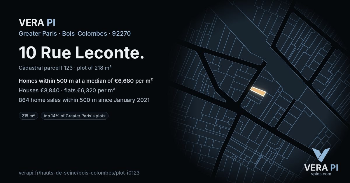 10 Rue Leconte, Bois-Colombes at night – the plot lit, the parcels around coloured by the prices near them