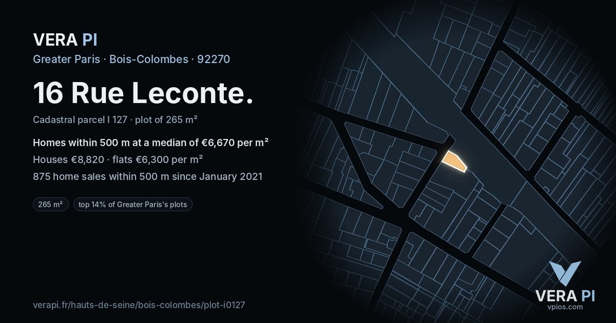 16 Rue Leconte, Bois-Colombes at night – the plot lit, the parcels around coloured by the prices near them