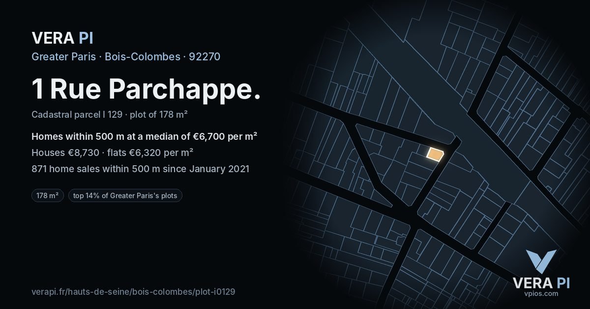 1 Rue Parchappe, Bois-Colombes at night – the plot lit, the parcels around coloured by the prices near them