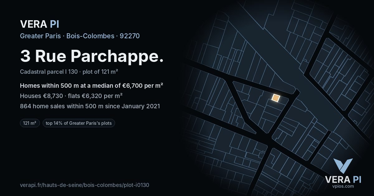 3 Rue Parchappe, Bois-Colombes at night – the plot lit, the parcels around coloured by the prices near them