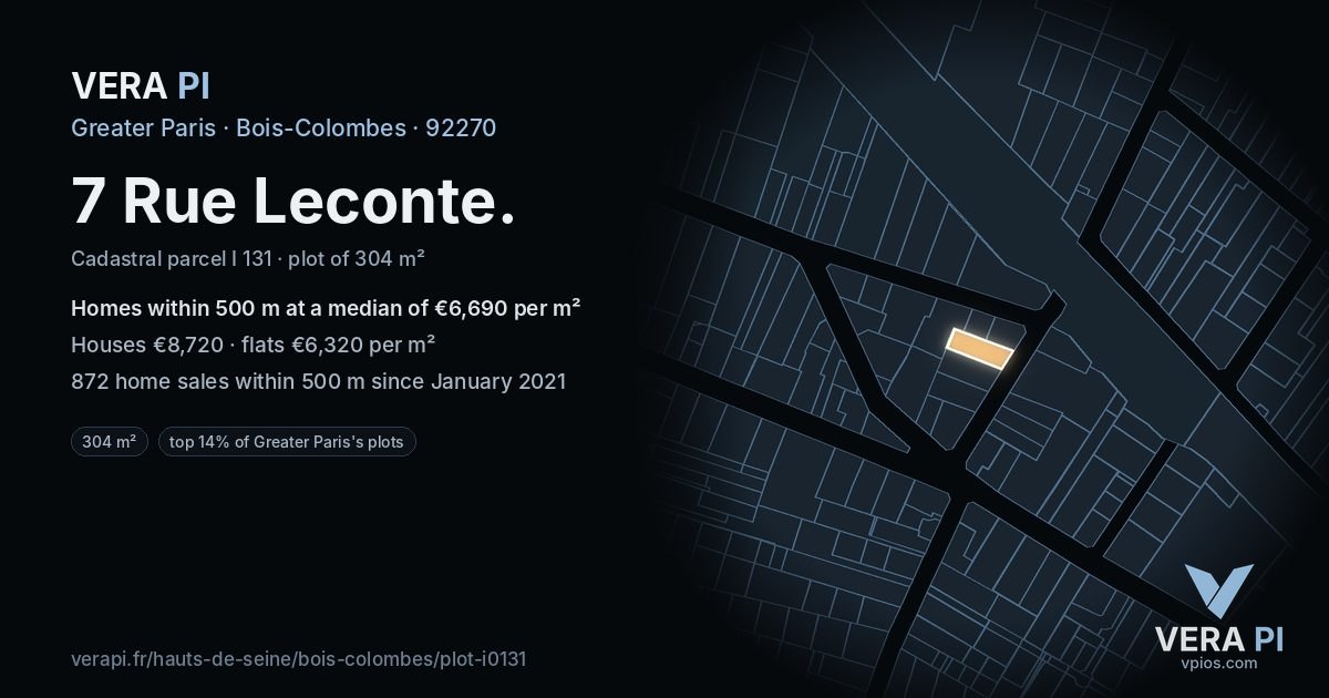 7 Rue Leconte, Bois-Colombes at night – the plot lit, the parcels around coloured by the prices near them
