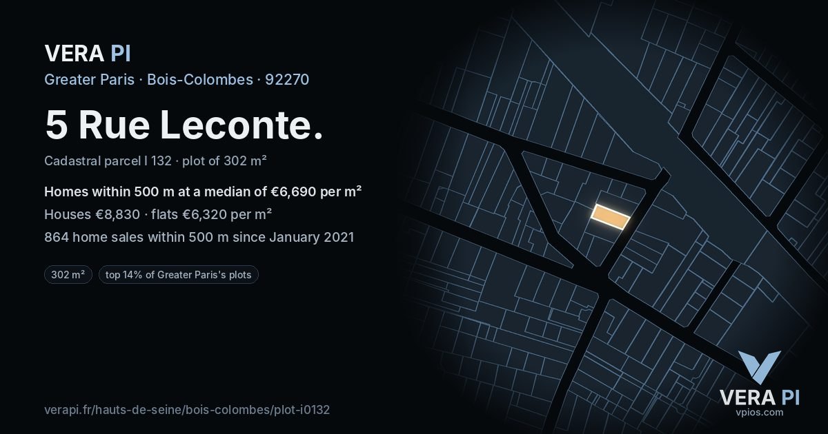 5 Rue Leconte, Bois-Colombes at night – the plot lit, the parcels around coloured by the prices near them