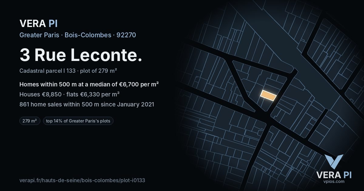 3 Rue Leconte, Bois-Colombes at night – the plot lit, the parcels around coloured by the prices near them