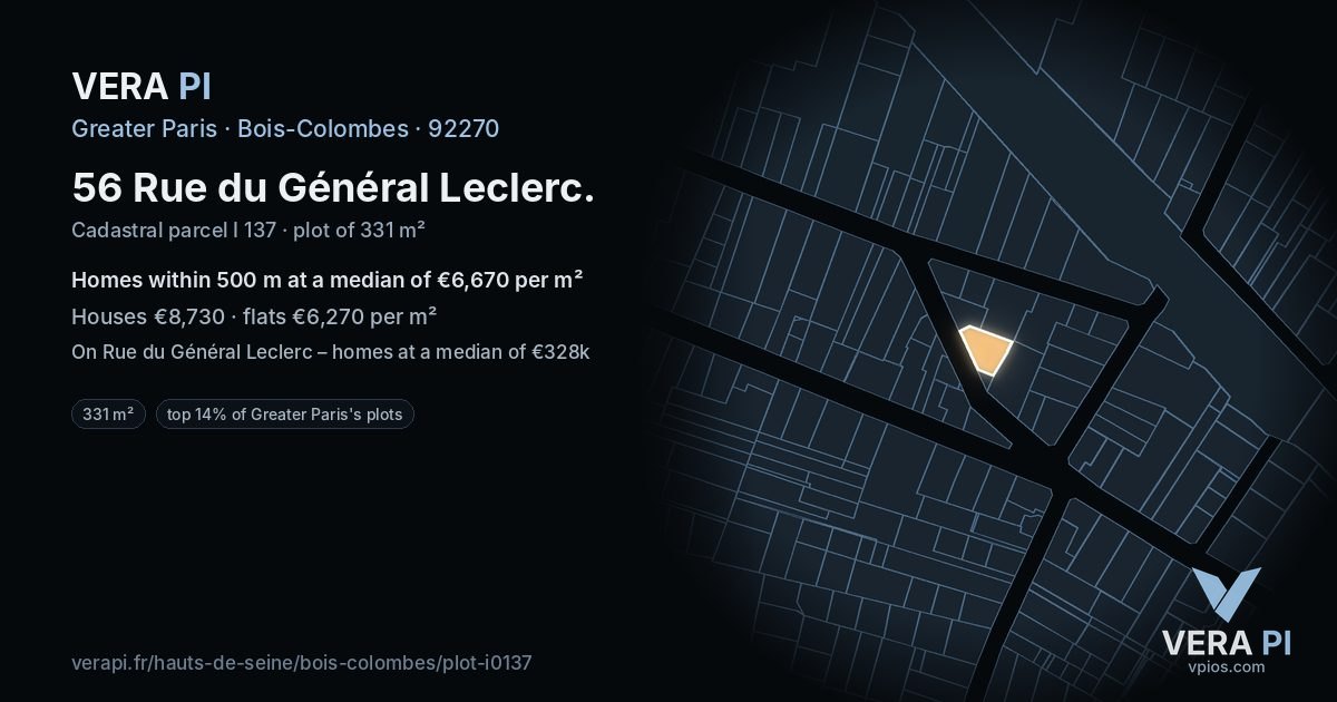 56 Rue du Général Leclerc, Bois-Colombes at night – the plot lit, the parcels around coloured by the prices near them