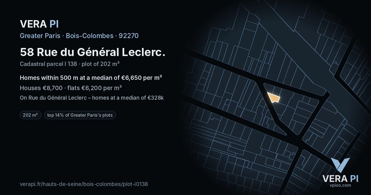 58 Rue du Général Leclerc, Bois-Colombes at night – the plot lit, the parcels around coloured by the prices near them