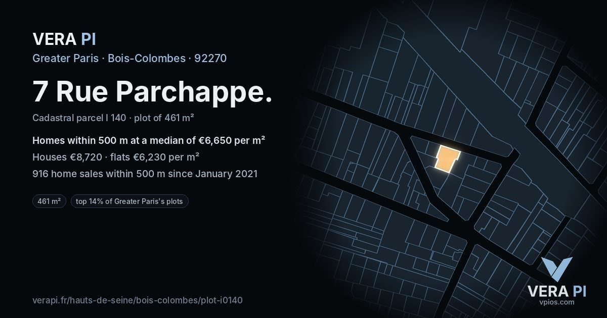 7 Rue Parchappe, Bois-Colombes at night – the plot lit, the parcels around coloured by the prices near them