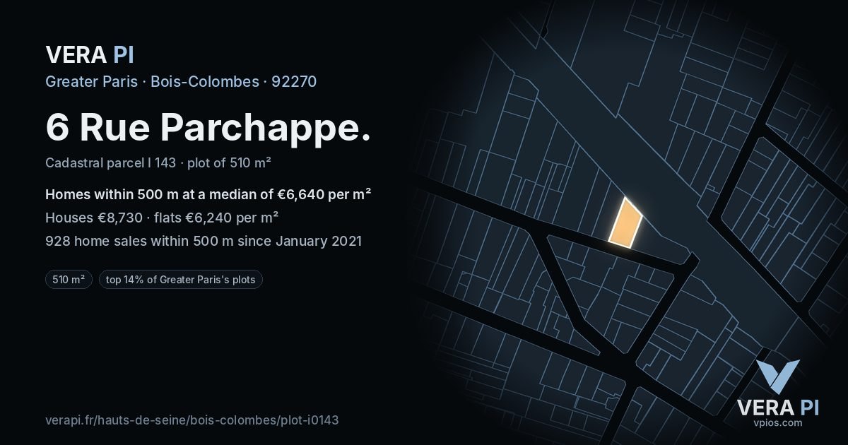 6 Rue Parchappe, Bois-Colombes at night – the plot lit, the parcels around coloured by the prices near them