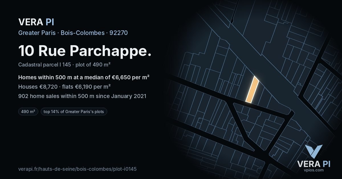 10 Rue Parchappe, Bois-Colombes at night – the plot lit, the parcels around coloured by the prices near them