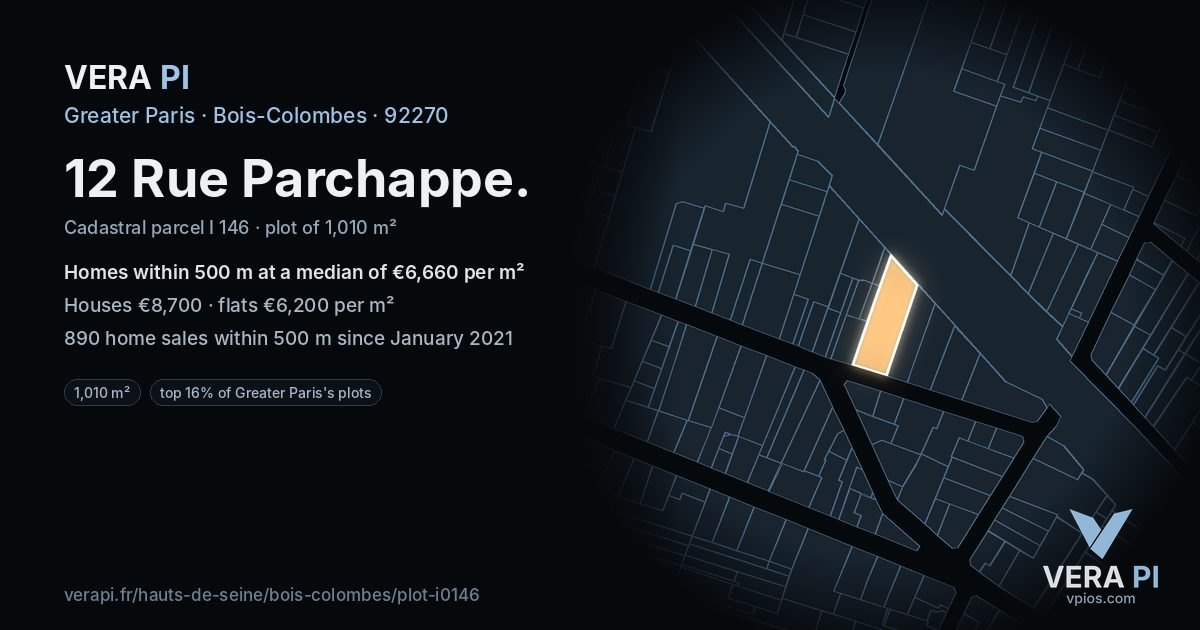 12 Rue Parchappe, Bois-Colombes at night – the plot lit, the parcels around coloured by the prices near them