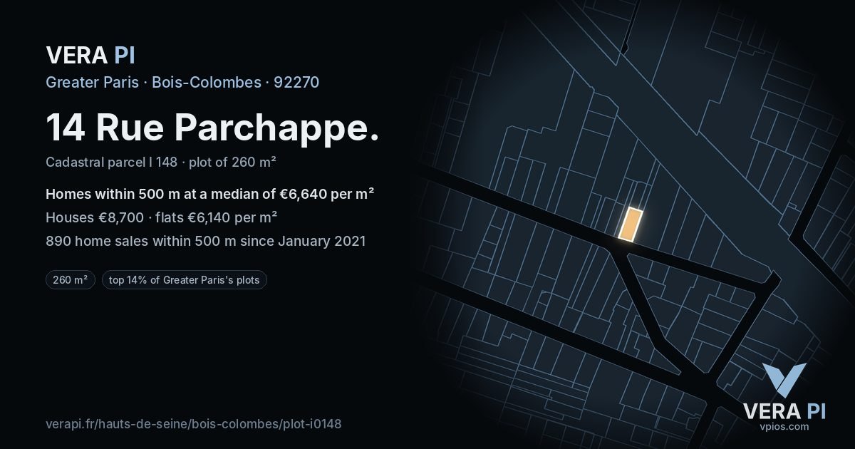 14 Rue Parchappe, Bois-Colombes at night – the plot lit, the parcels around coloured by the prices near them