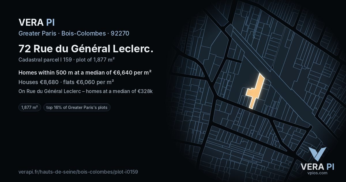 72 Rue du Général Leclerc, Bois-Colombes at night – the plot lit, the parcels around coloured by the prices near them