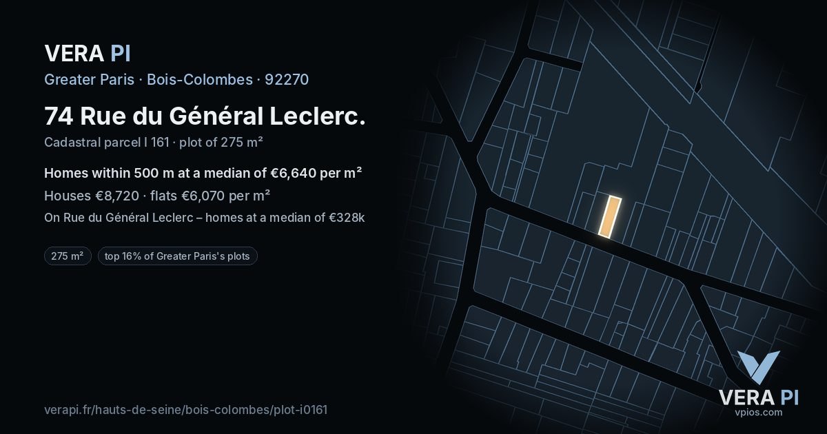 74 Rue du Général Leclerc, Bois-Colombes at night – the plot lit, the parcels around coloured by the prices near them