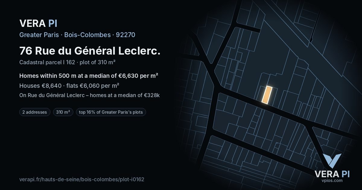 76 Rue du Général Leclerc, Bois-Colombes at night – the plot lit, the parcels around coloured by the prices near them