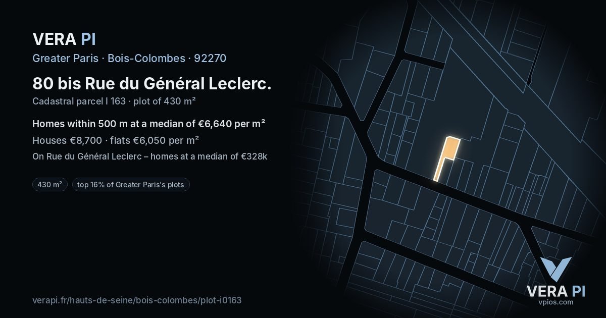 80 bis Rue du Général Leclerc, Bois-Colombes at night – the plot lit, the parcels around coloured by the prices near them