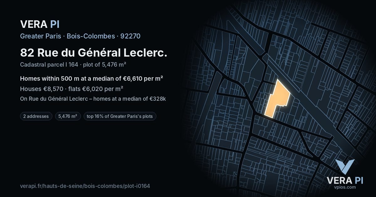 82 Rue du Général Leclerc, Bois-Colombes at night – the plot lit, the parcels around coloured by the prices near them